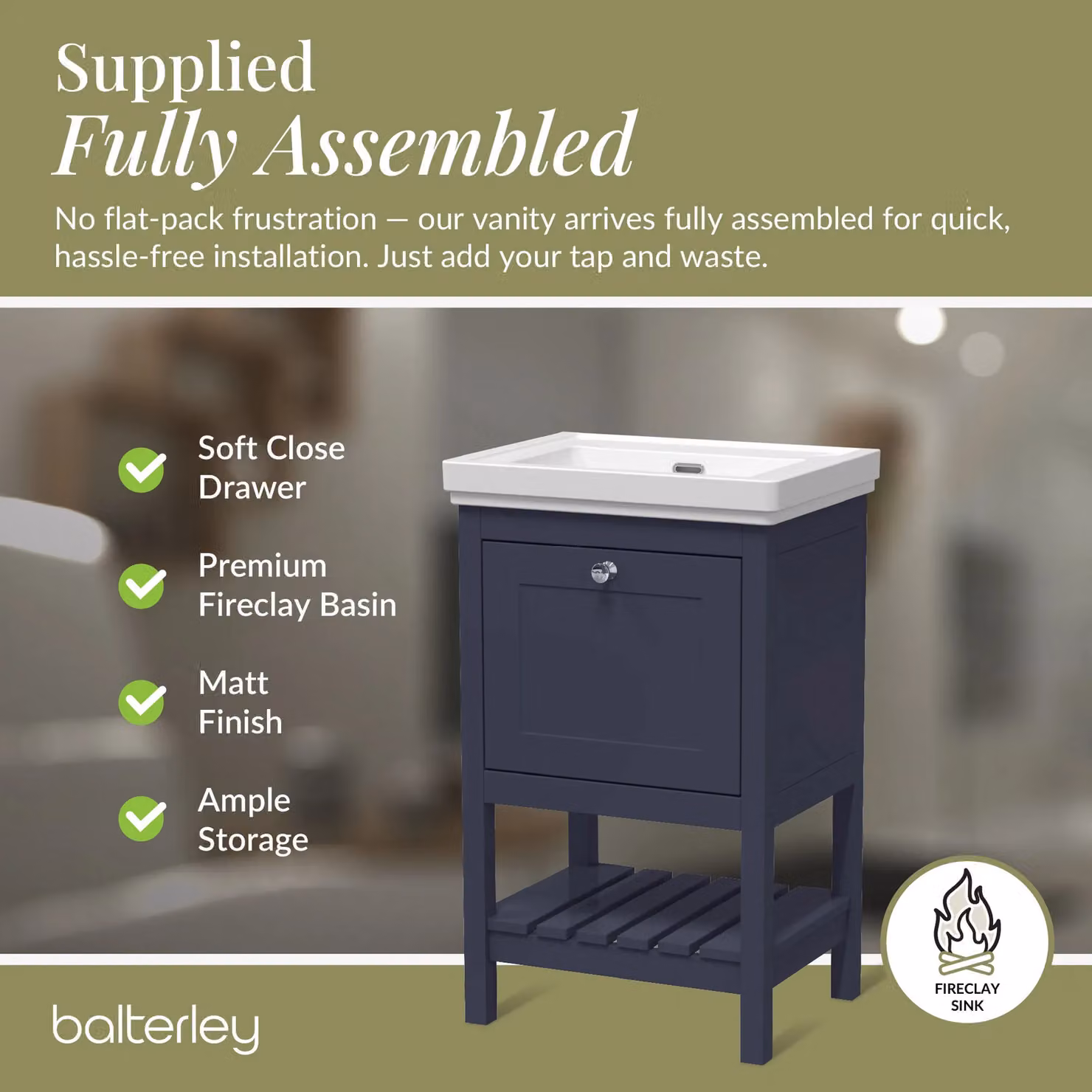 Balterley Blue 1 Drawer Bathroom Floor Vanity with Fireclay Basin – 4