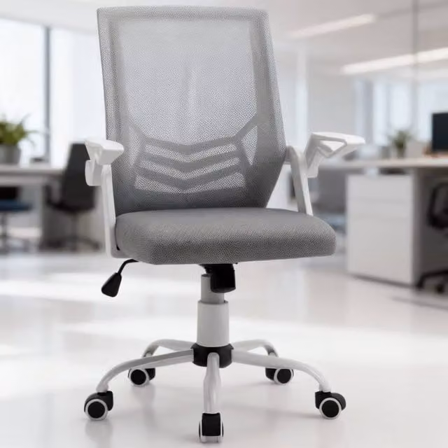 ERGOVEXA Grey Fabric Task Chair with Flip-up Armrests and 360 Degree Swivel for Home Office – 1