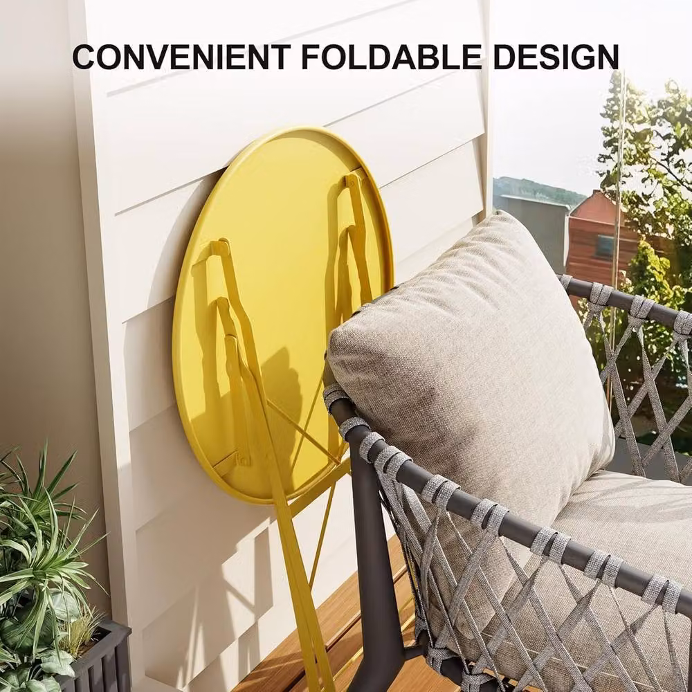London Boutique 3-Piece Foldable Bistro Set with Table and 2 Chairs in Yellow Metal Garden Furniture – 4