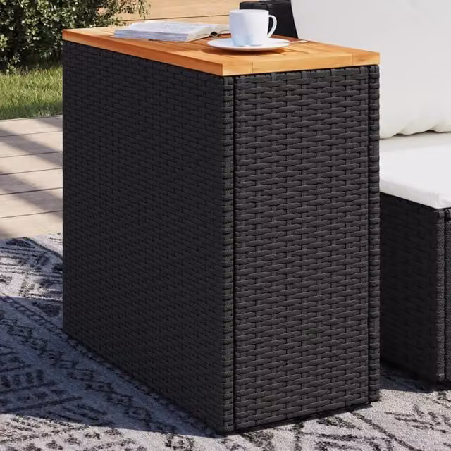 Berkfield Home Garden Side Table with Black Poly Rattan and Acacia Wood Top, W/D/H: 58 x 27.5 x 55 cm – 1