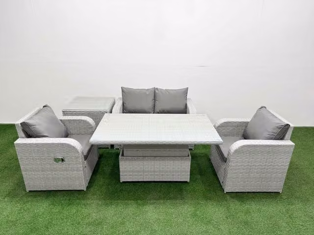 Fimous 4 Seater Grey PE Wicker Rattan Garden Furniture Set with Upholstered Cushions, 2 Seater Sofa, Lounge Armchair and Coffee Table