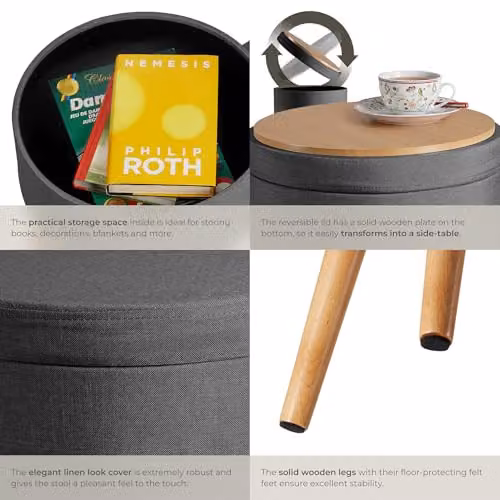 tectake Yara Round Storage Stool in Grey Fabric with Beech Legs, W/D/H: 45.5 x 42.5 x 42.5 cm – 6