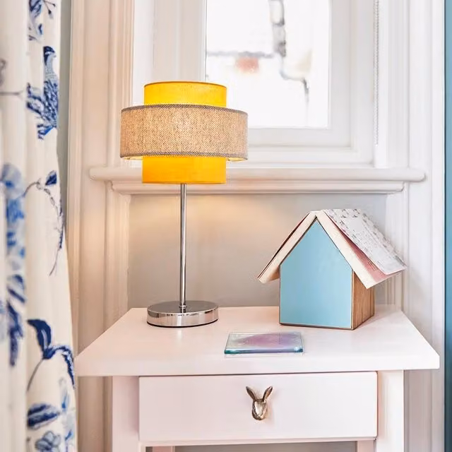 ValueLights Weaver Pair of Yellow and Grey Fabric Table Lamps with Chrome Metal Base and Touch Control, H 37 cm x W 20 cm