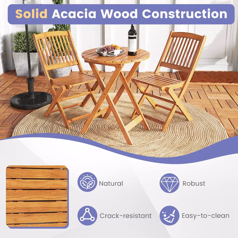 Costway 3-Piece Outdoor Folding Bistro Set with Acacia Wood Chairs and Table in Grey – 3