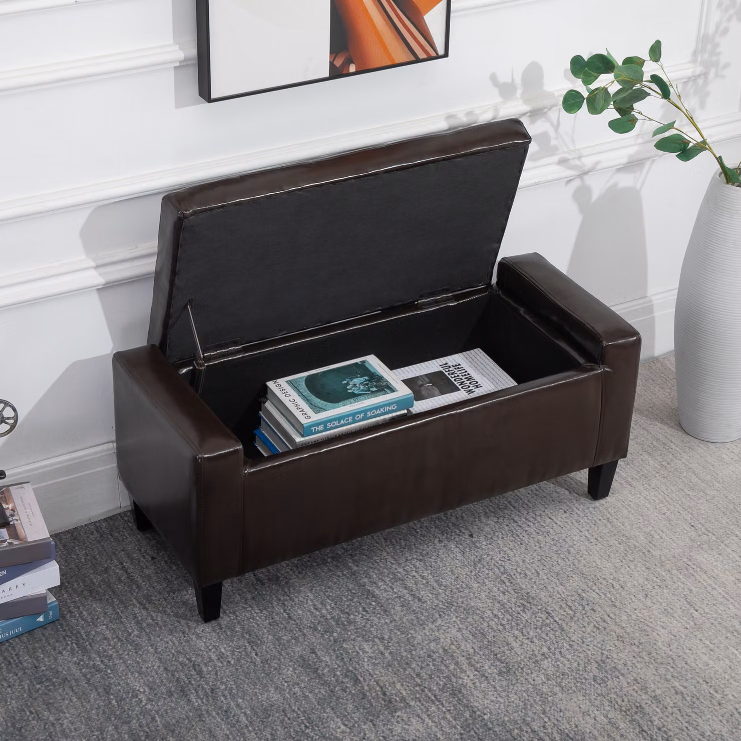 HOMCOM Brown PU Leather Storage Ottoman Bench with Tufted Design and Wood Frame, W/D/H: 90 x 40 x 40 cm – 5