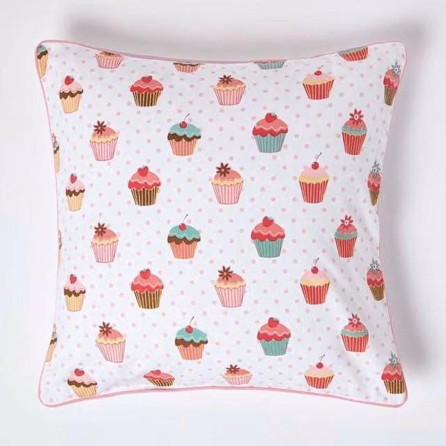 Homescapes Cotton Dotted Cup Cakes Cushion Cover, Pink and White, W: 60 cm, H: 60 cm