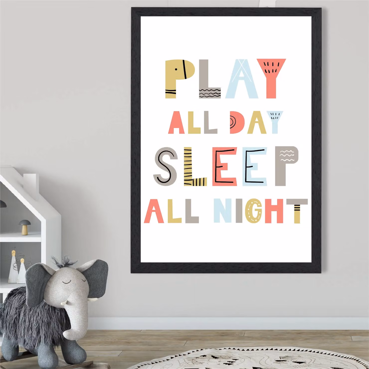 ARTZE Cute Play All Day Scandi Quote Framed Print, Pale Blue and Multicolour, A3 – 2