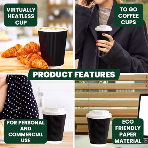 ECONX 50 x 8oz Black Ripple Triple Wall Disposable Paper Coffee Cups with White Sip Through Lids – 3