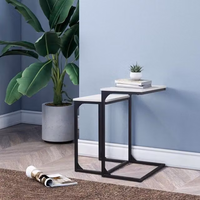 EONLION Oak Seville Modern Nesting Coffee Tables in White with Wood and Metal Frame – 1