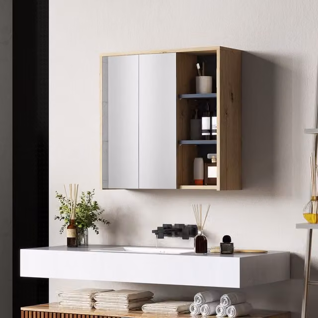 HOMCOM Wall Mounted Natural Bathroom Cabinet with Mirror and Internal Shelves – 1