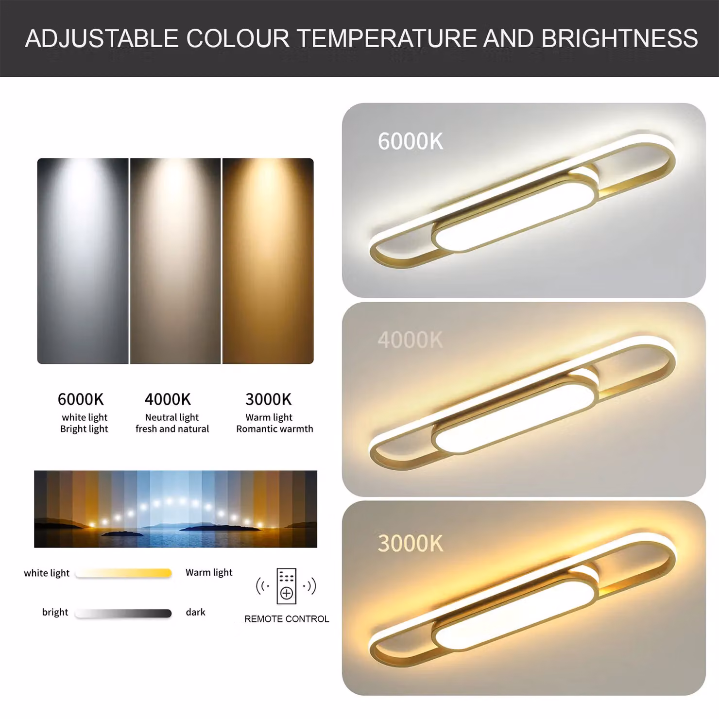 Garwarm Modern Dimmable Linear Gold LED Ceiling Light with Remote Control – 3