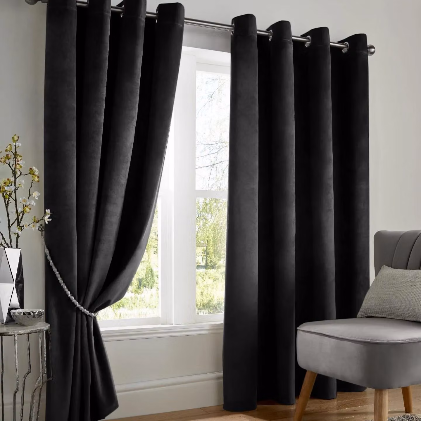 Luxor Living Black Velvet Thermal Blackout Eyelet Curtains, Pair, Black, Width: 229 cm, Drop: 229 cm – 5