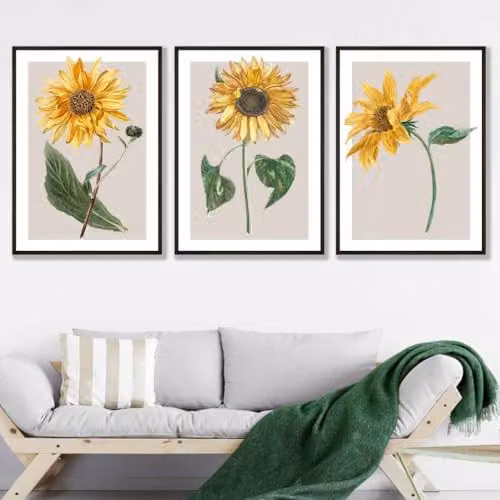 ARTZE Set of 3 Vintage Sunflower Botanical Wall Art with Black Frames, W: 45 cm, H: 62 cm, D: 2 cm