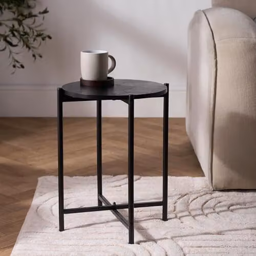 OHS Black Round Side Table with Metal Frame and MDF Laminate Top