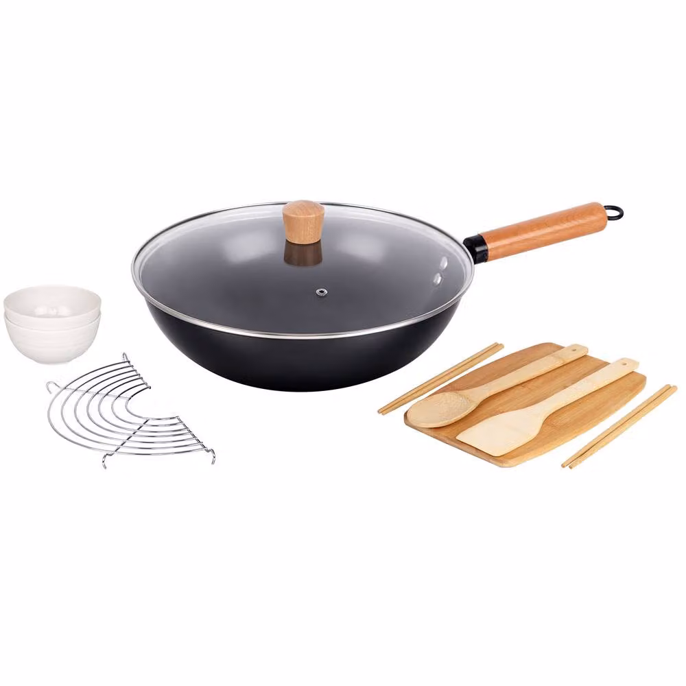 Gr8 Home 10-Piece Non-Stick Carbon Steel Wok Pan Gift Set with Lid in Black – 2