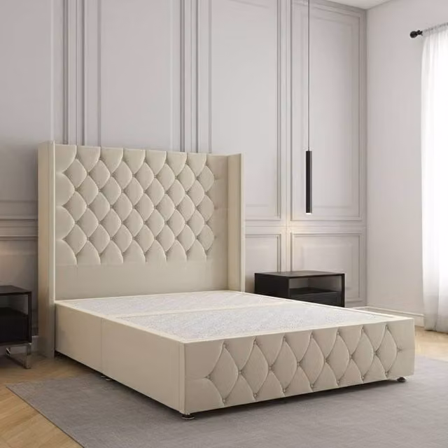 Regional Furnishings Plush Velvet King Size Divan Bed with Headboard and Footboard in Beige, W/D/H: 180 x 200 cm