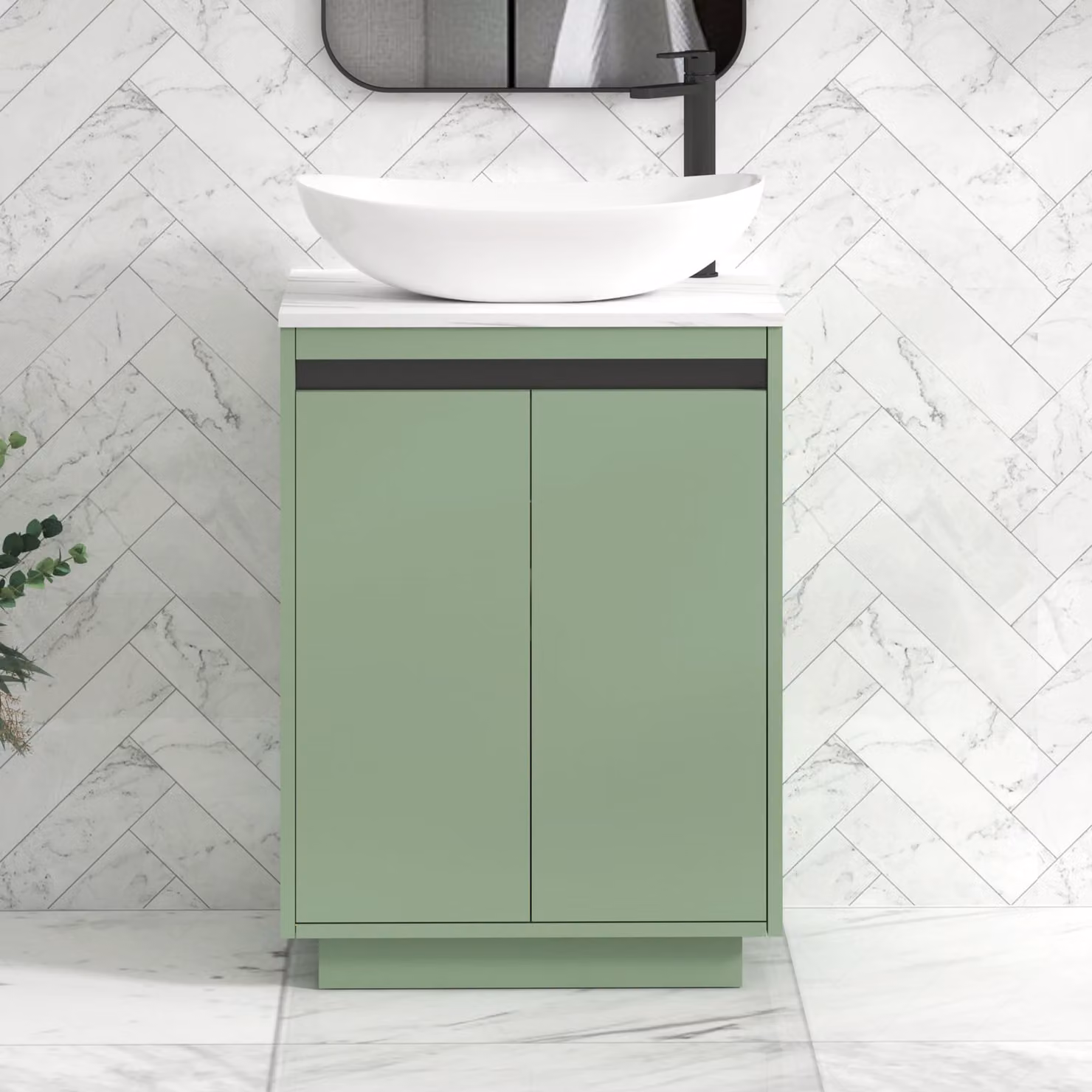 Royal Bathrooms Orion 600mm Mint Sage Floor Standing Countertop Vanity Unit with Cesar Basin and Black Accent Trim