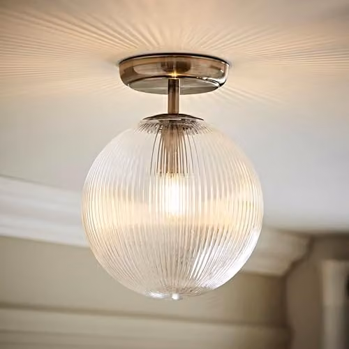 ValueLights Kempton Ribbed Glass Globe Flush Ceiling Light with Bulb in Chrome or Brass – 2