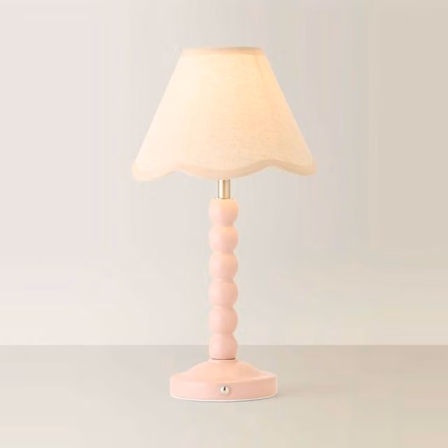 ValueLights Bobbin Scallop Trim Pink Rechargeable Portable Table Lamp with Fabric Shade – 1