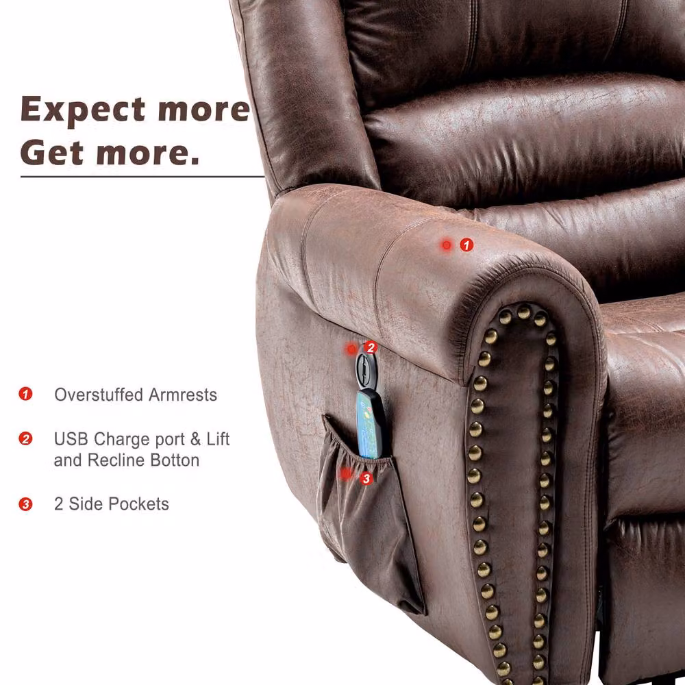 HomeTouch Faux Leather Power Lift Recliner with Massage, Heat and USB Ports in Brown – 2
