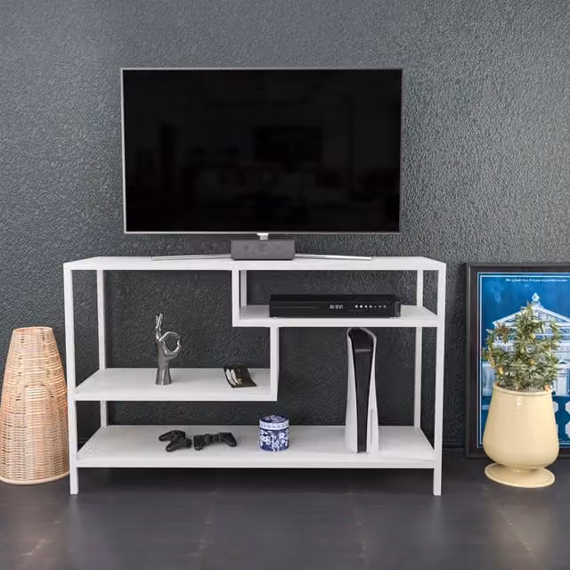 Robbins Industrial Modern TV Unit in White and Brown with Media Compartments, W/D/H: 120 x 39 x 75 cm