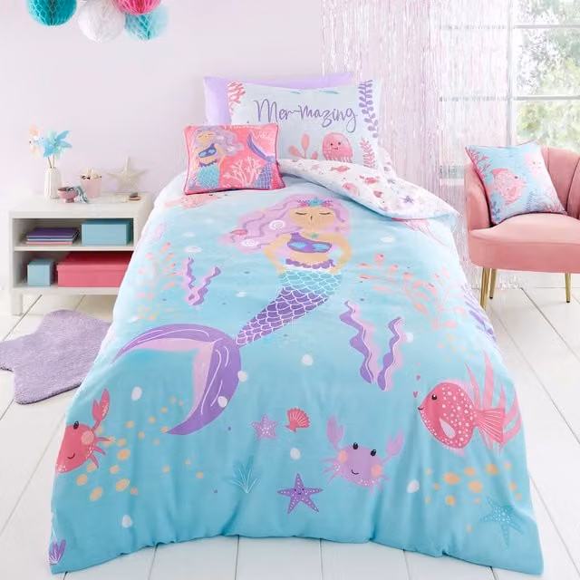 Bedlam Mermaid Vibes Reversible Cotton Duvet Cover and Pillowcase Set in Aqua and Turquoise, W/D/H: 140 x 200 cm