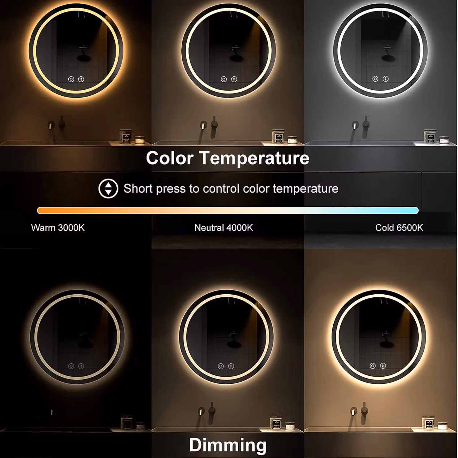 Dprodo Round LED Bathroom Vanity Mirror with 3 Colour Temperatures in Natural White – 3