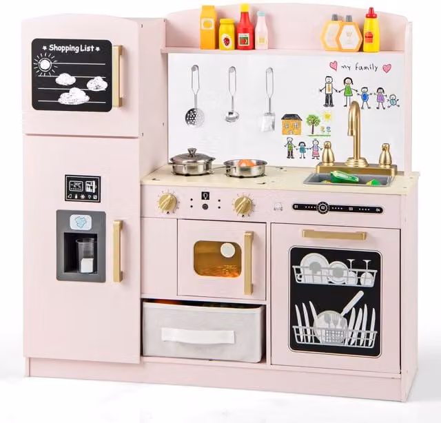 Costway Pink Wooden Play Kitchen with Chalkboard