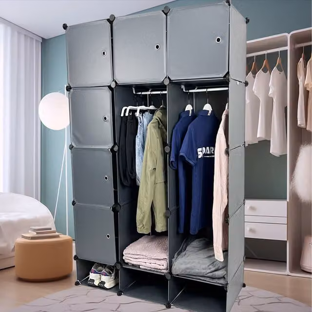 Gr8 Home 15 Cube Portable Interlocking Plastic Wardrobe Organiser Cabinet in Grey, H 165 x W 45 x D 45 cm