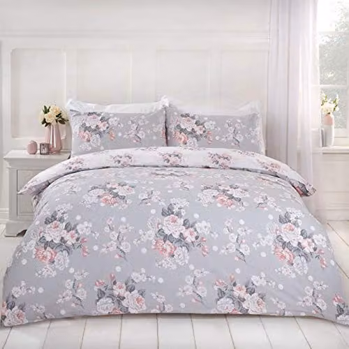Dreamscene English Rose Reversible Floral Duvet Cover and Pillowcase Set in Grey, White and Silver, 3 Pieces, W: 140 cm, L: 200 cm