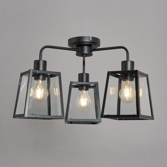 Litecraft Emery 3 Arm Semi Flush Ceiling Light in Black with Transparent Glass