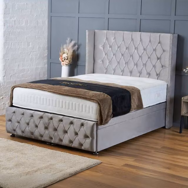 BSSPOKE Mayfair Small Double Ottoman Divan Bed in Silver Plush Velvet with 54 inch Headboard – 1