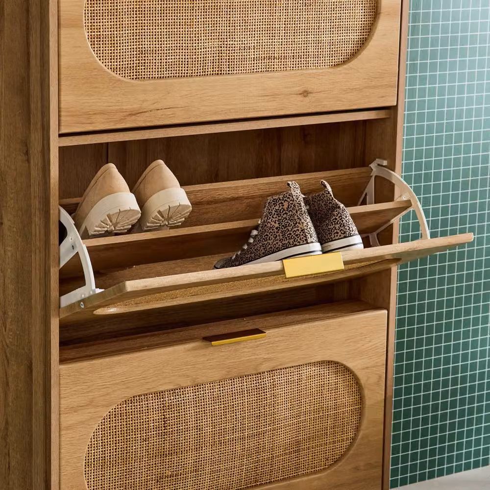 sweeek Boho Wood and Cane Shoe Cabinet in Beige with 3 Drawers and Hinged Doors, W/D/H: 75 x 26 x 131 cm – 3