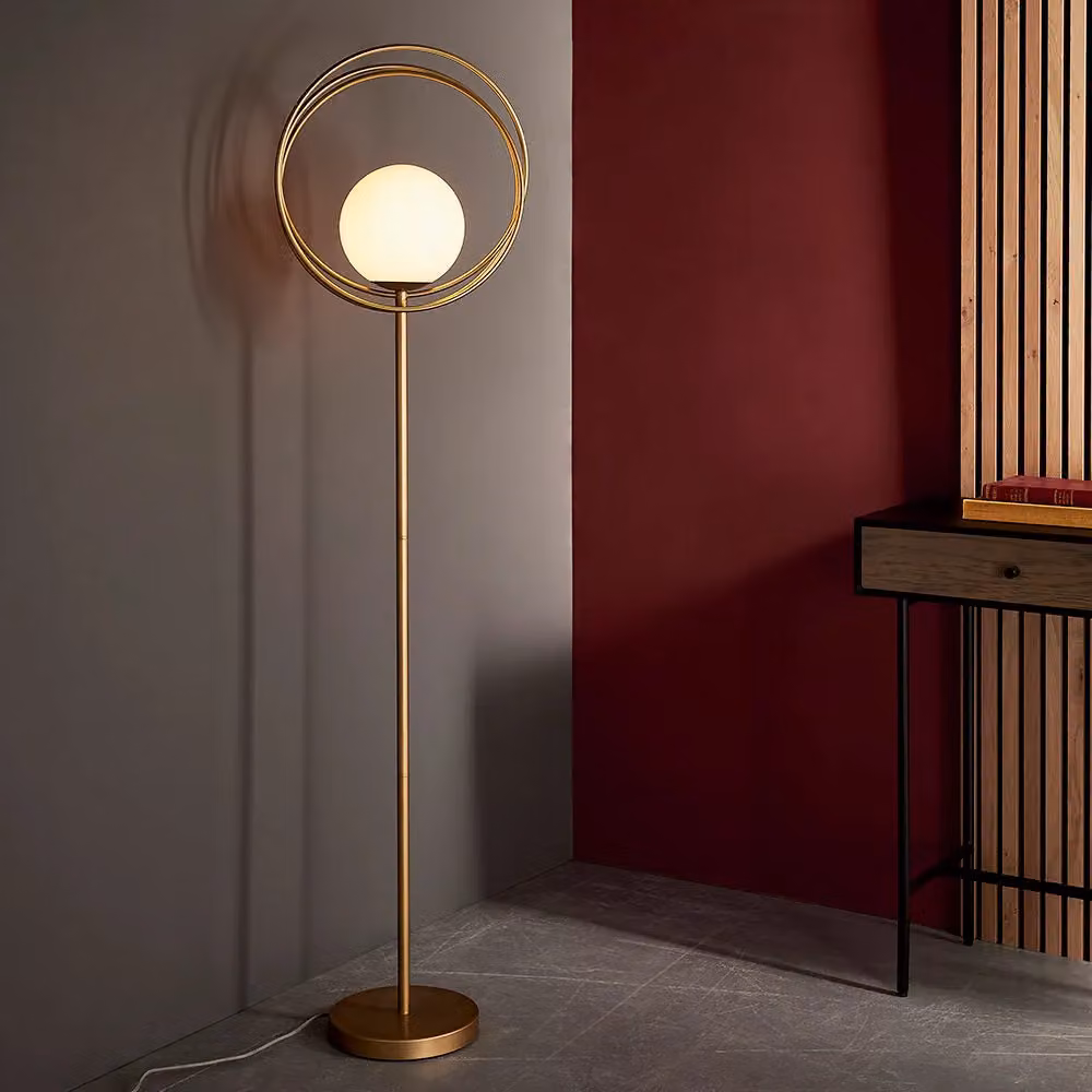 Loops Standing Floor Lamp in Brushed Gold with Transparent Glass Sphere Shade, Height: 155.6 cm – 2