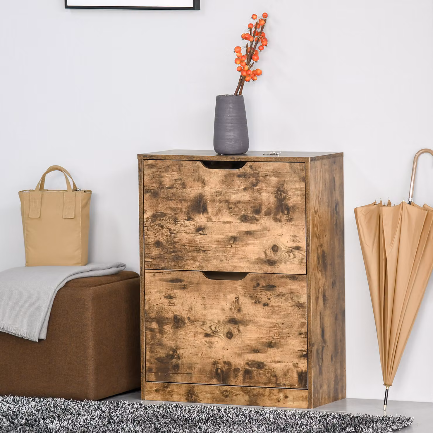 HOMCOM Industrial Wooden 2 Drawer Shoe Cabinet in Rustic Brown with Flip Doors and Adjustable Shelves – 2
