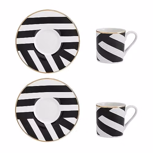 Mikasa Luxe Deco Geometric Bone China Espresso Cup and Saucer Set of 2, 110ml, Black, White and Gold – 1