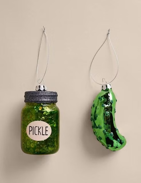 M&S 2 Pack Green Glass Hanging Pickle Christmas Decorations