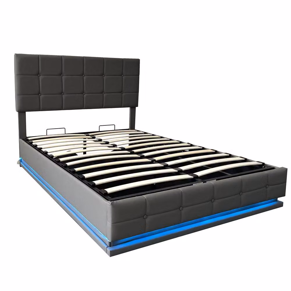 BTM Grey Ottoman Bed with LED Under-Bed Lighting, Hydraulic Lift-Up Storage and Tufted Headboard, W/D/H: 140 x 190 x 142 cm – 6