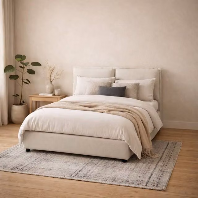 Wyld Haus Wexford Ivory Linen Upholstered Double Bed with Pillow Headboard, W/D/H: 140 x 200 x 120 cm