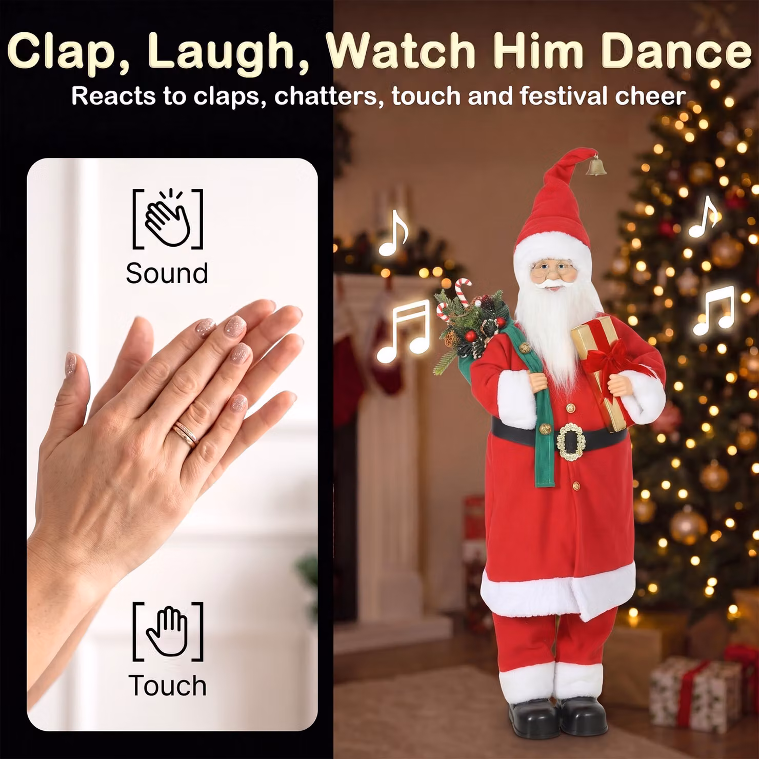 HOMCOM Singing and Dancing Animated Santa Claus Figure in Red and Gold with Gift and Sack, Sound and Touch Activated, Height: 121.92 cm – 5
