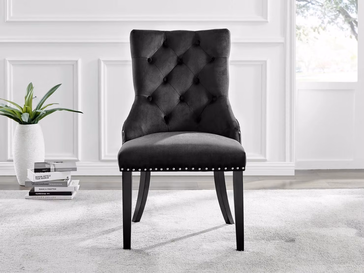 FurnitureboxUK Novara Round Glass Dining Table and 2 Belgravia Velvet Chairs in Black – 3