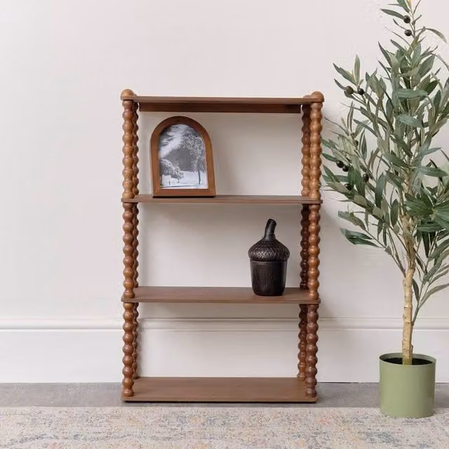 Melody Maison 4 Tier Wooden Bobble Framed Wall Mounted Shelf in Dark Brown