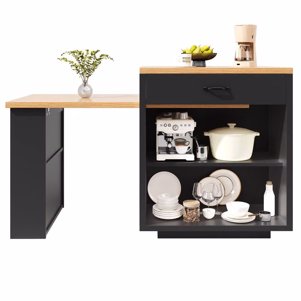 ModernLuxe Extendable Kitchen Island with LEDs and 2 Drawers in Black – 7