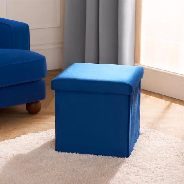 OHS Matte Velvet Foldable Storage Ottoman in Petrol Blue, W/D/H: 40 x 40 x 40 cm