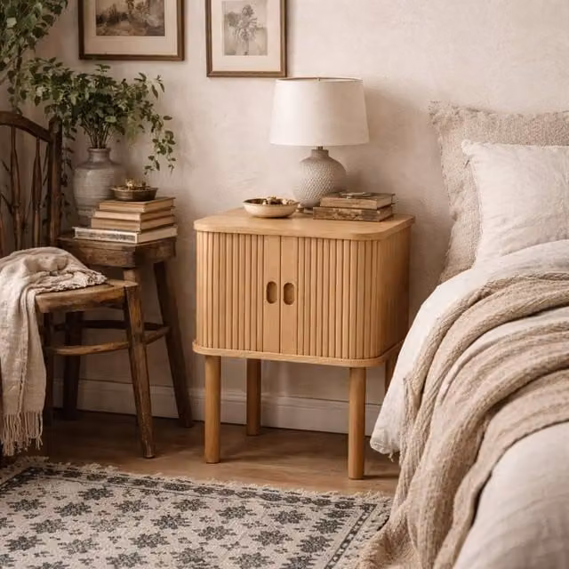 Wyld Haus Copenhagen Copenhagen Natural Oak Bedside Table with 2 Tambour Doors, W/D/H: 60 x 30 x 45 cm – 1