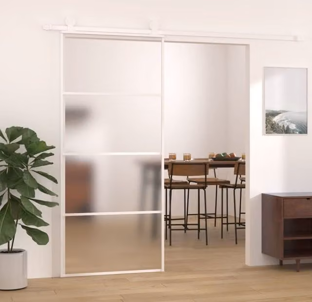 Berkfield Home Modern White Sliding Door with Frosted ESG Glass and Aluminium, W: 90 cm, H: 205 cm