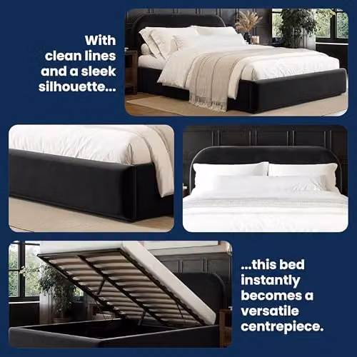 Flair Furnishings Alba Ottoman Bed, King Size Upholstered Bed Frame with Storage and Curved Headboard, Black Velvet, W/D/H: 180 x 200 x 165 cm – 7