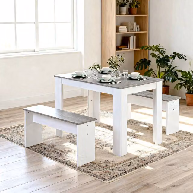 Abrihome 3-Piece Modern Dining Table and Bench Set in Grey and White for 4 Adults
