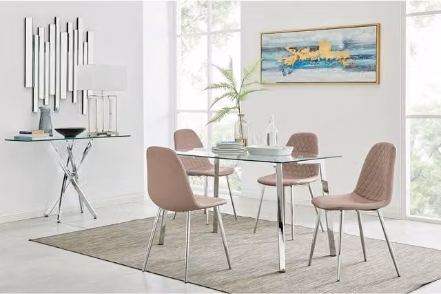 FurnitureboxUK Cosmo Modern Rectangular Glass Dining Table and 4 Corona Dining Chairs in Cappuccino with Silver Legs