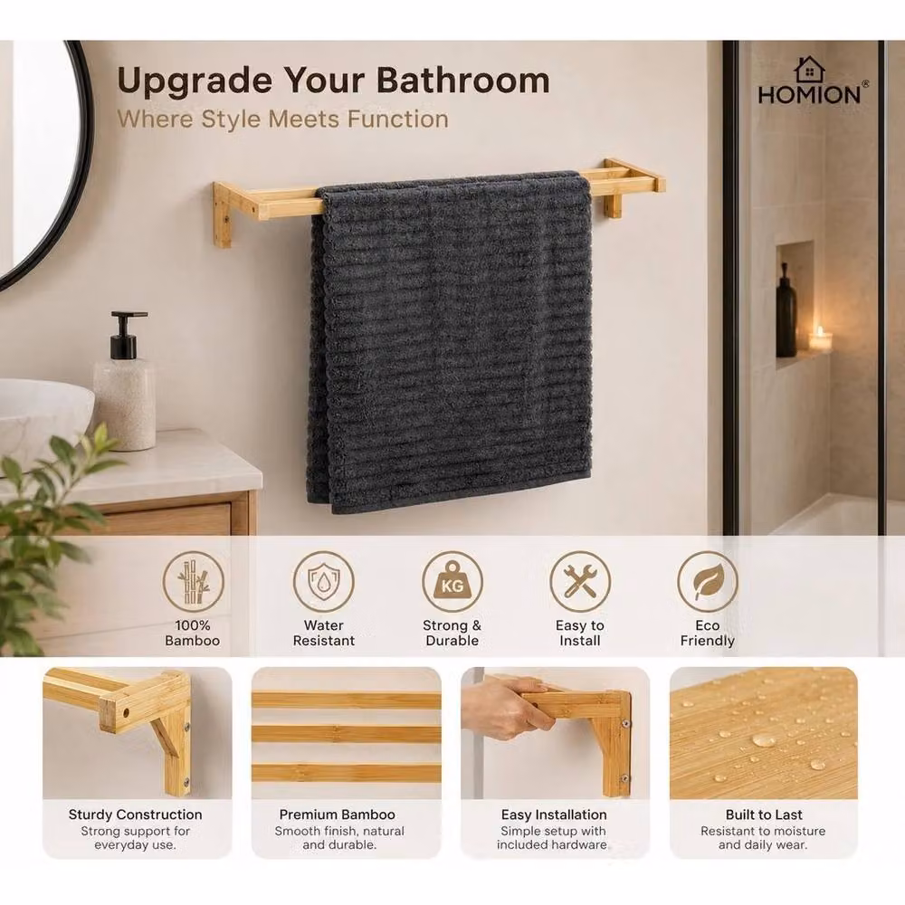 FORGEVIO Bamboo Double Bar Wall Mounted Towel Rail Holder in Natural Brown, Width: 60 cm, H x W x D: 180 x 60 x 180 cm – 2